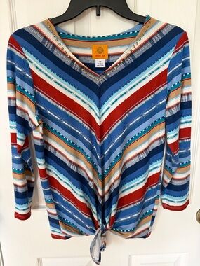 Ruby Rd. Striped V-Neck Long Sleeve Tie-Front Top in Blue, Rust &Tan